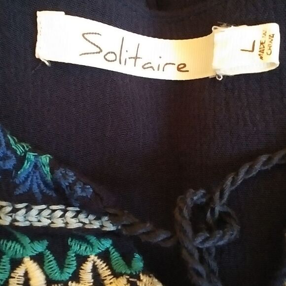 Solitaire Women's Top Blouse Peasant Smock Navy Boho Embroidered Tassels Size L - Picture 7 of 10